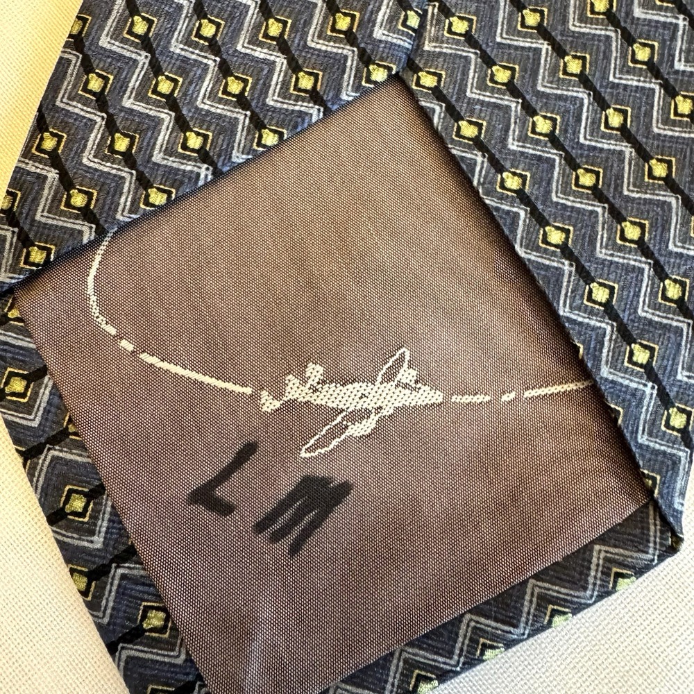 ZINC‎ Z Inc Mens Navy Blue Yellow Black 100% Silk Neck Tie 56 inch Made in Korea - Picture 4 of 6